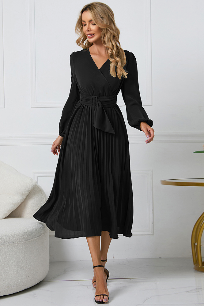 acelimosf™-Slim fit pleated belted V-neck dress