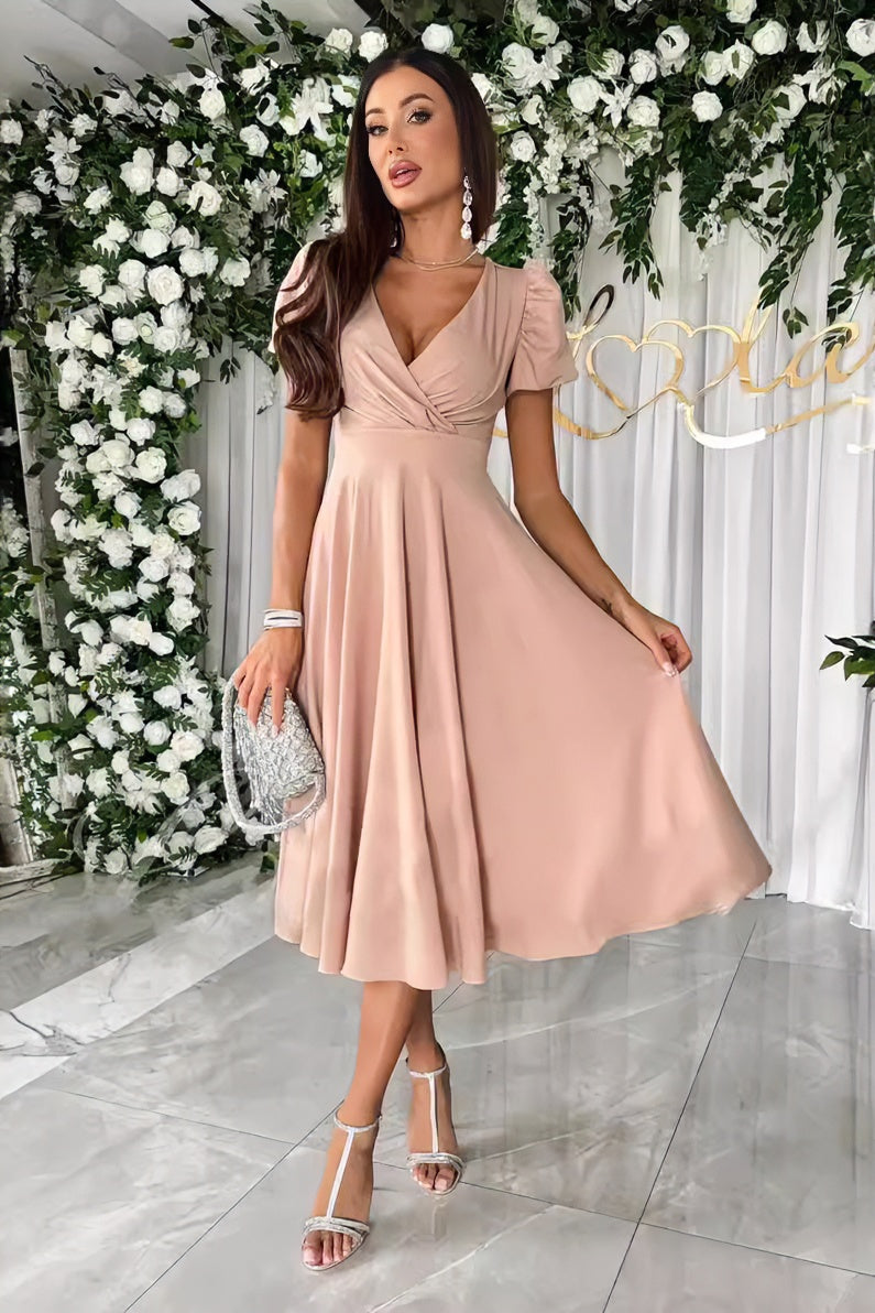 acelimosf™-Sexy V-neck solid color short-sleeved midi dress