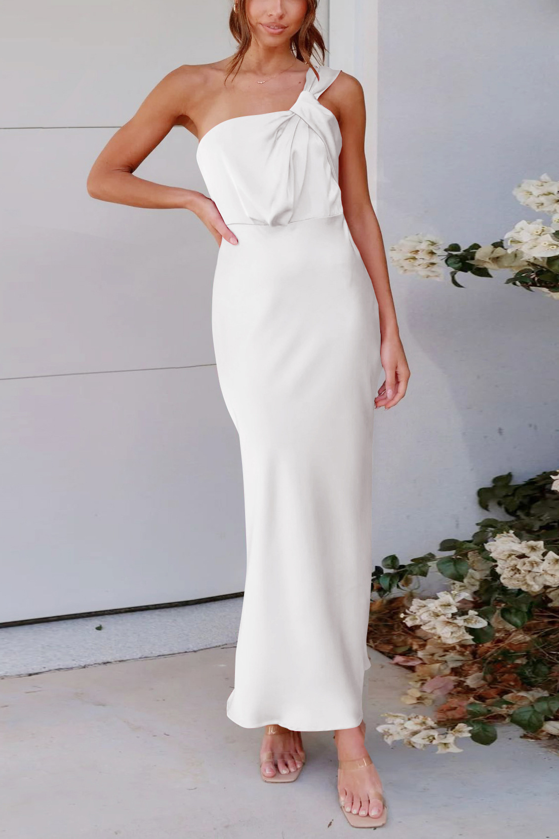 acelimosf™-Elegant one-shoulder satin bridesmaid dress with slim fit