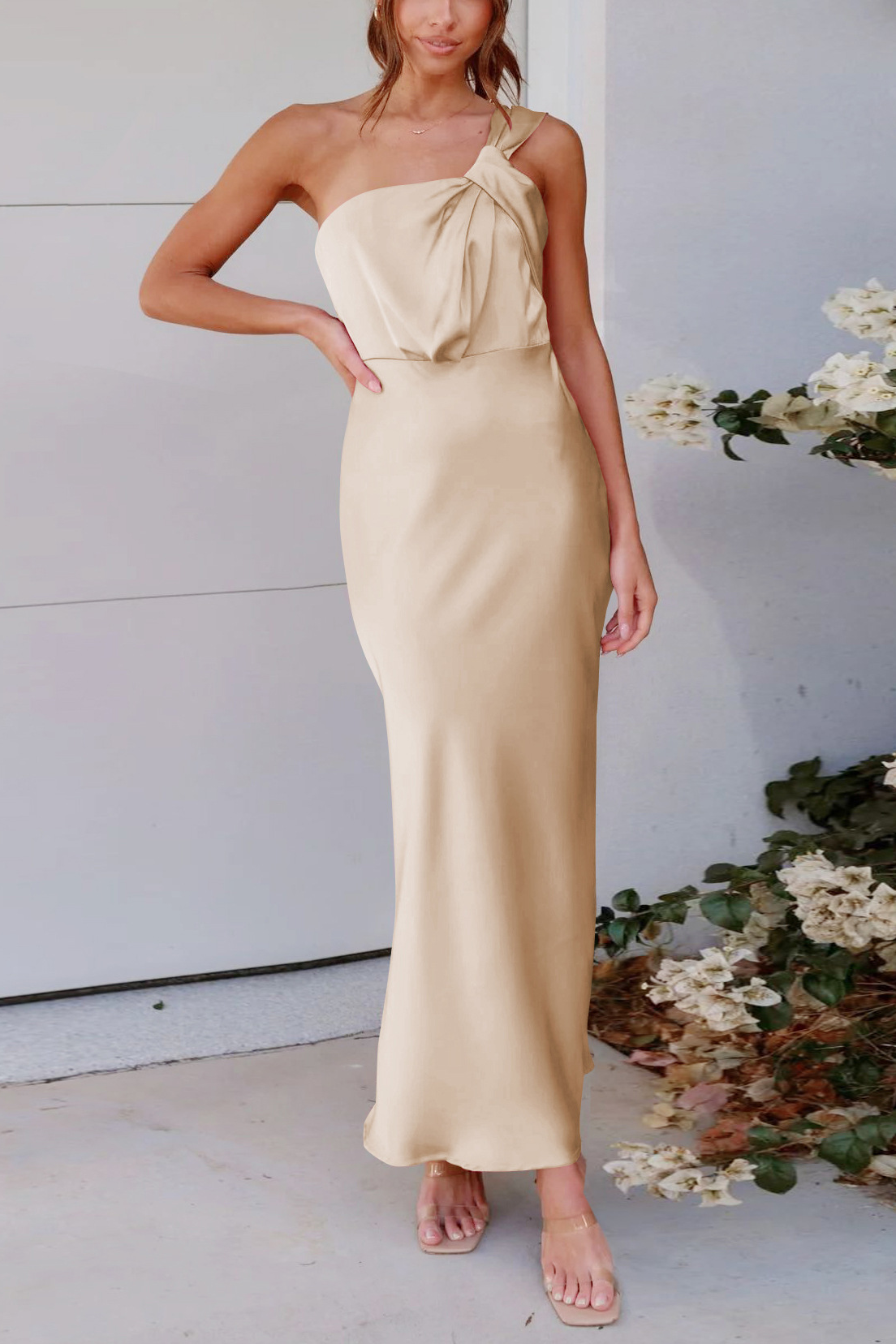 acelimosf™-Elegant one-shoulder satin bridesmaid dress with slim fit