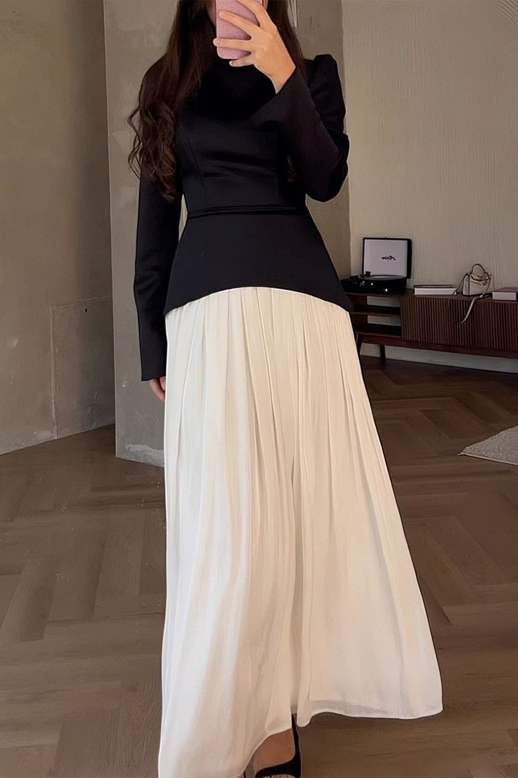 acelimosf™-Solid color fashionable stitching design round neck pleated long skirt