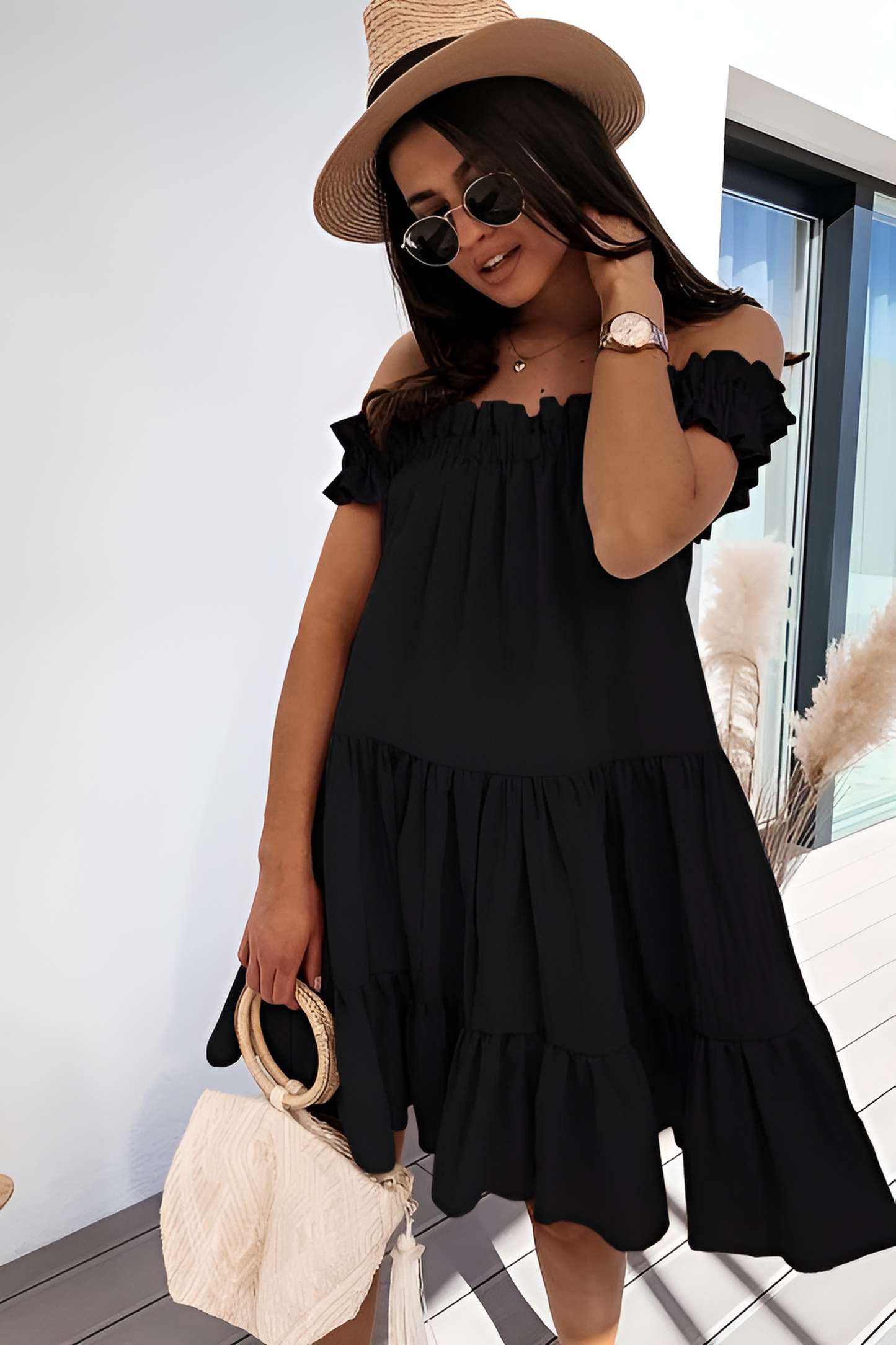 acelimosf™-One-line collar loose short-sleeved solid color full skirt dress