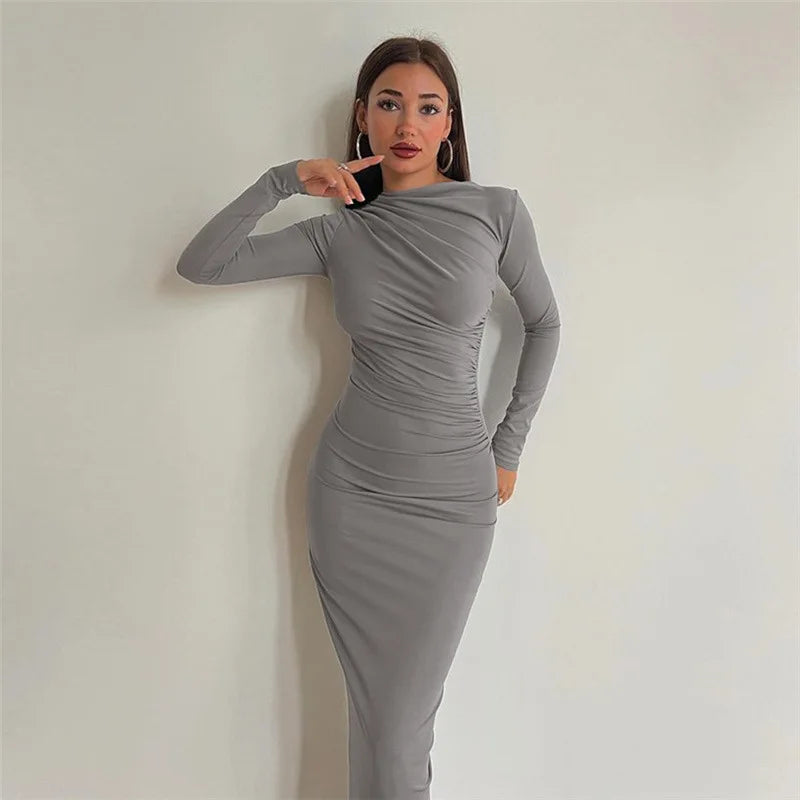 acelimosf™-Fashionable round neck long sleeve slim fit hip-hugging solid color elegant dress