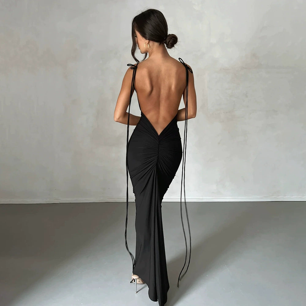 acelimosf™-Sexy Backless Pleated Maxi Evening Dress Sleeveless Suspender Dress