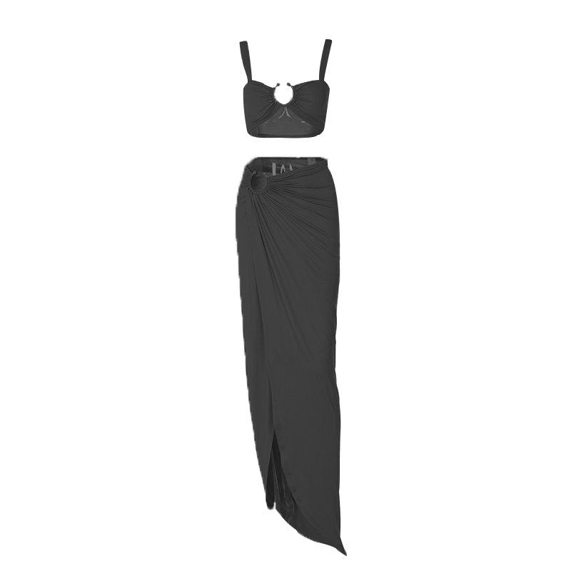 acelimosf™-O ring ruched crop high slit cami maxi skirt set