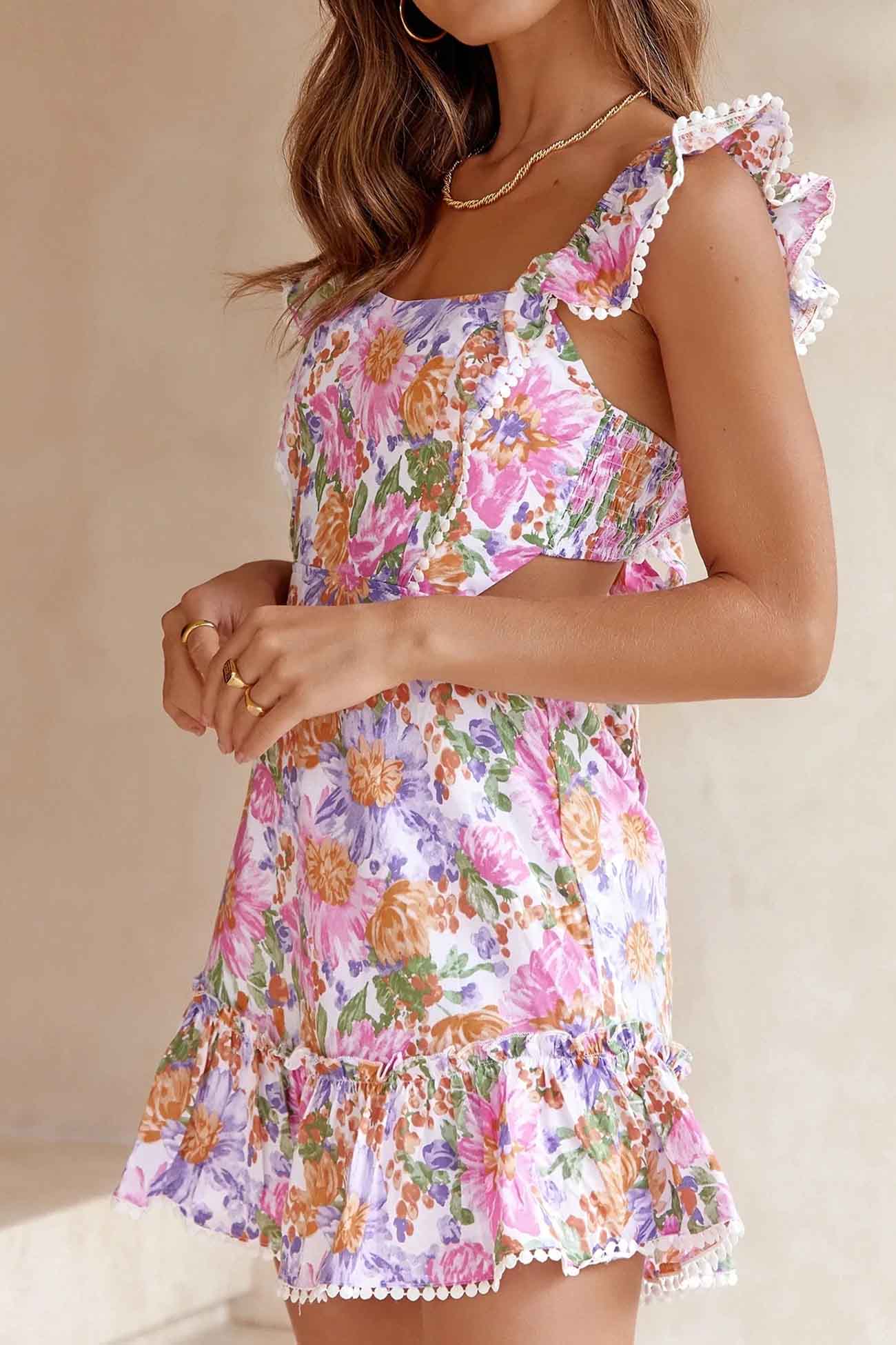 acelimosf™-Floral Ruffle Back Tie Mini Dress