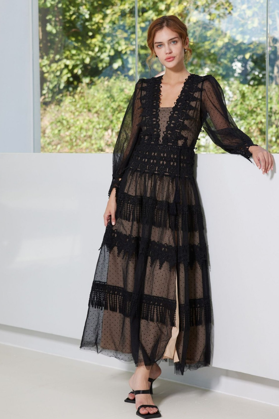 acelimosf™-Sexy V-neck high slit lace dress