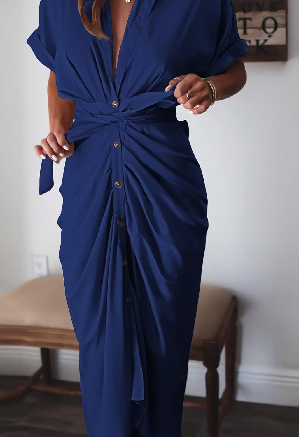 Women's Satin Button Shirt Dress