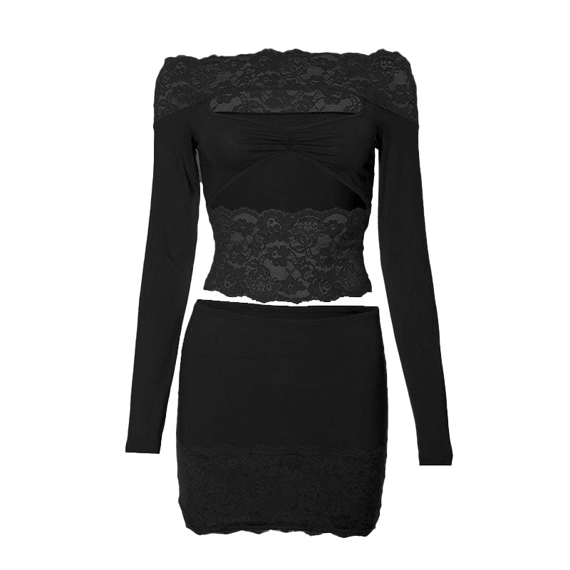 acelimosf™-Long sleeve off shoulder lace patchwork hollow out mini skirt set