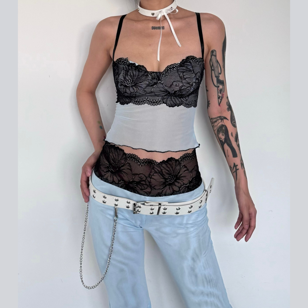 acelimosf™-Lace mesh ruffle sweetheart neck cami pant set