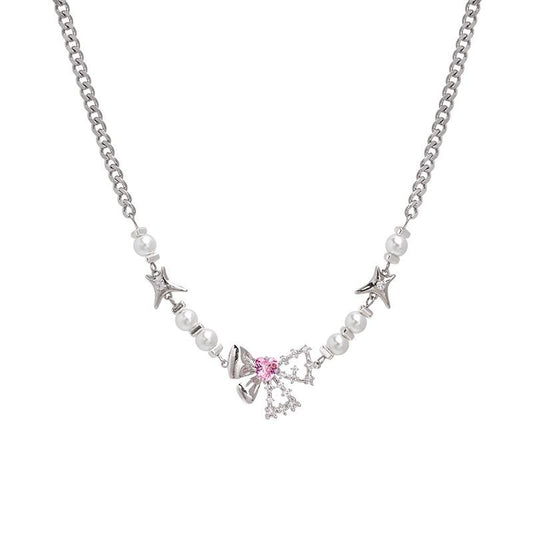 Cool bow zircon pearl necklace