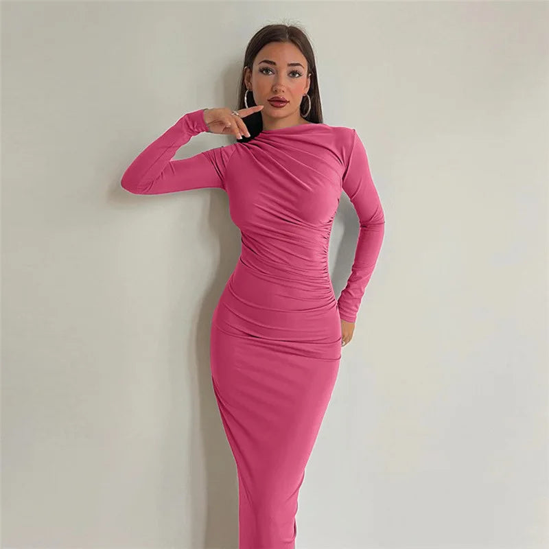 acelimosf™-Fashionable round neck long sleeve slim fit hip-hugging solid color elegant dress