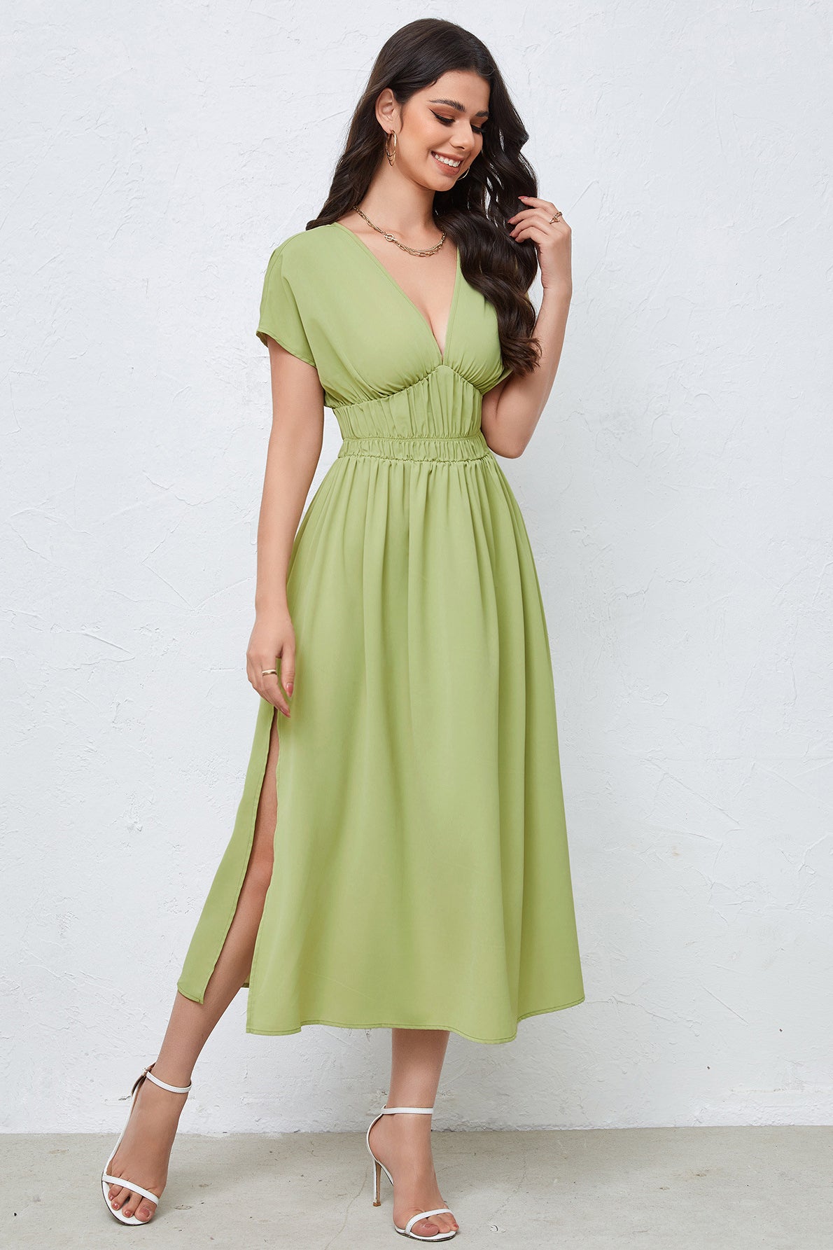 acelimosf™-V-neck dress backless high waist solid color dress