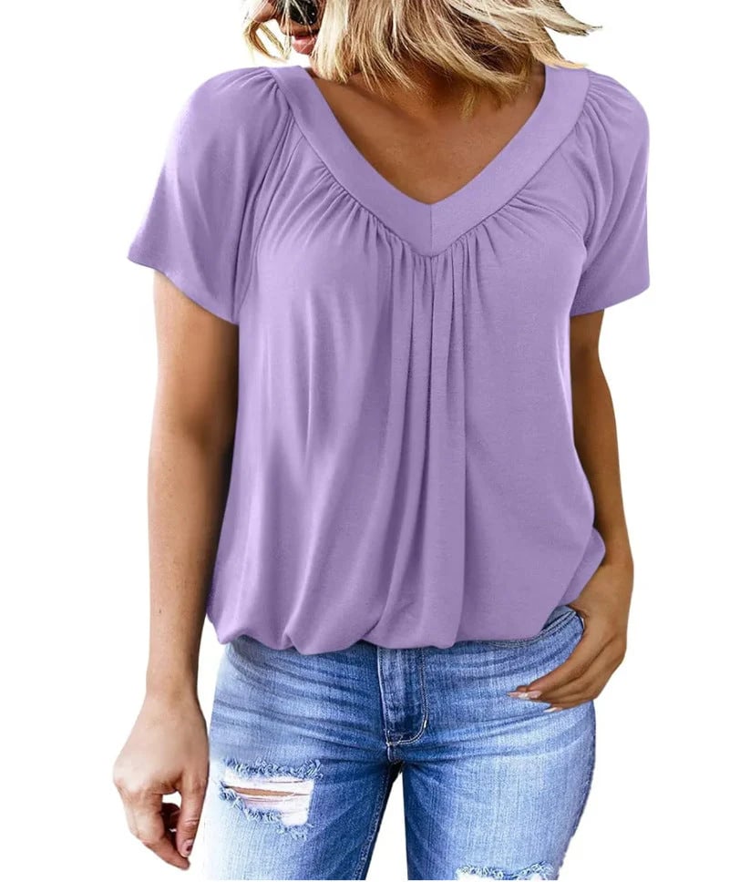 ✨Women's Casual Pleated V-Neck Short-Sleeve Top
