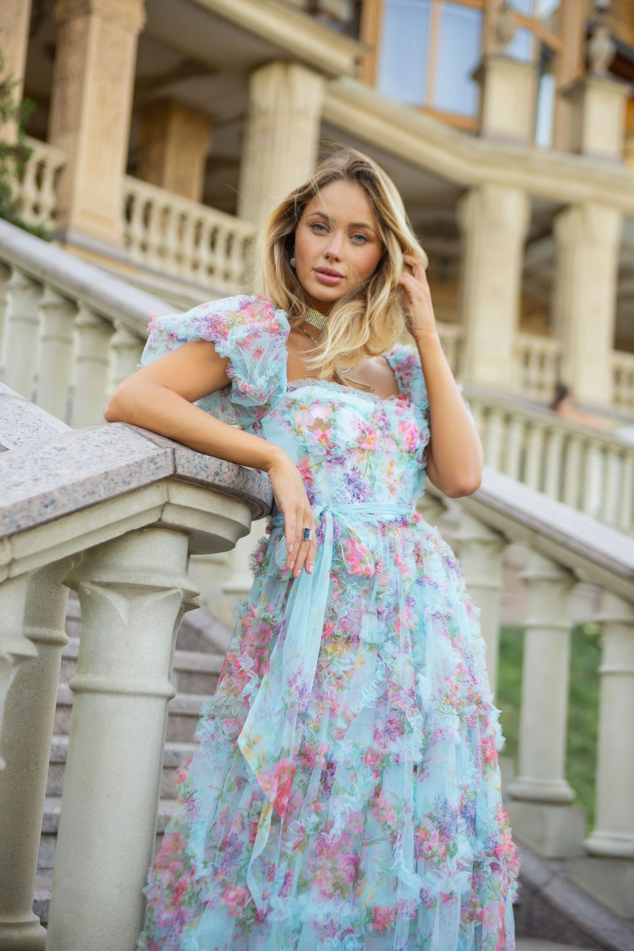 acelimosf™-Sweet and fresh puff-sleeved floral mesh dress with earrings