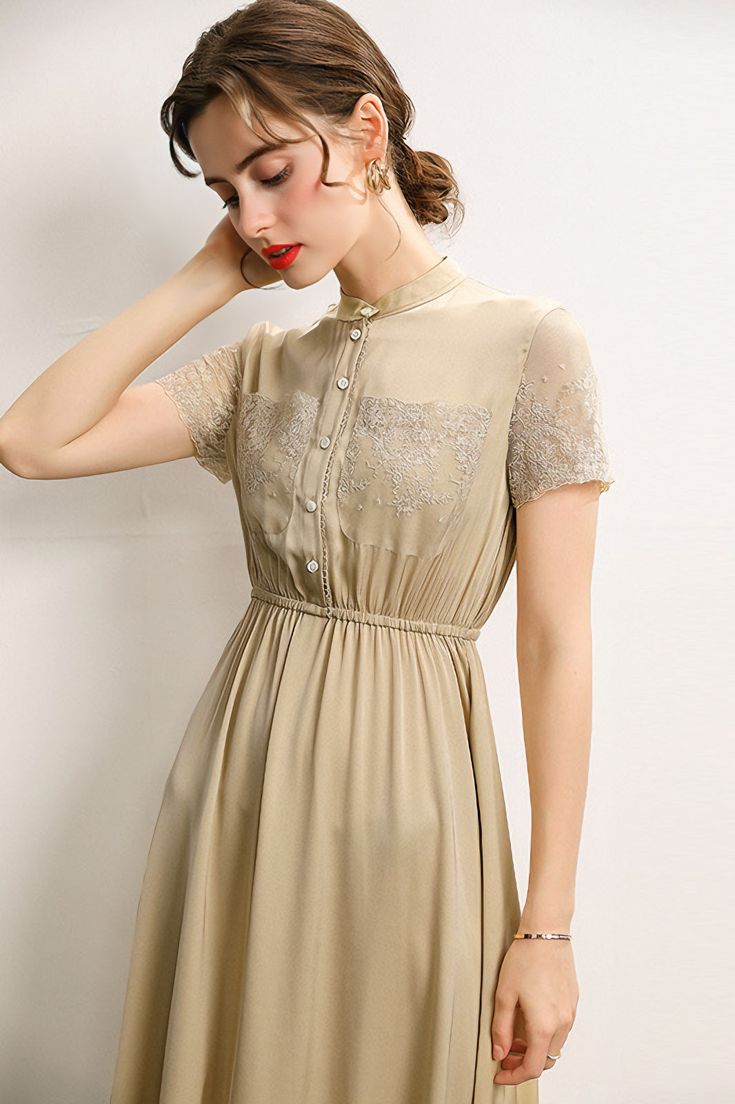 acelimosf™-Waist-stitched lace stand-collar short-sleeved mid-length dress