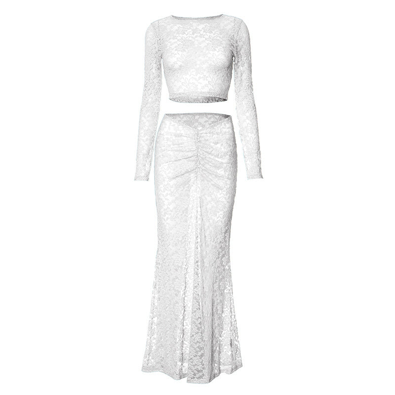 acelimosf™-Long sleeve lace see through crop maxi skirt set