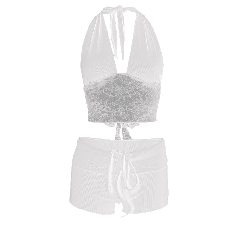 acelimosf™-Halter lace hem drawstring ribbed crop pant set