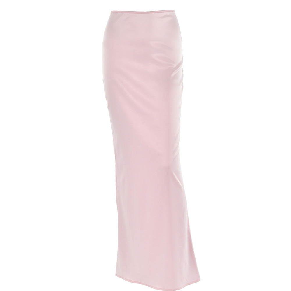 acelimosf™-Satin zip-up solid low rise maxi skirt