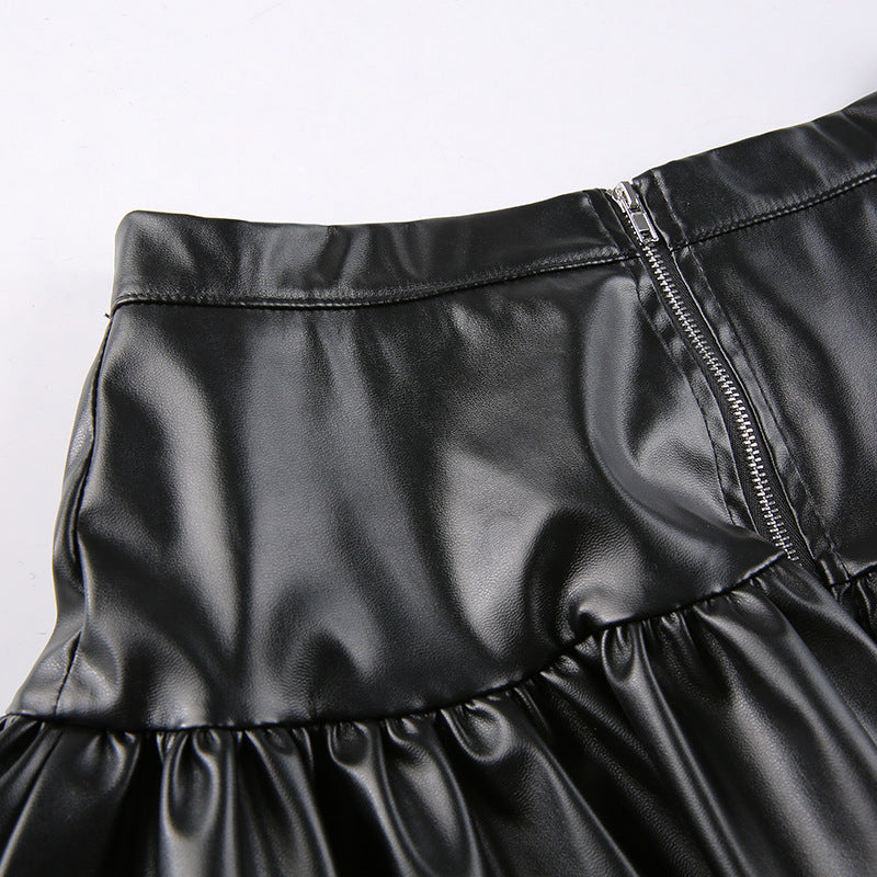 acelimosf™-Lace up PU leather ruffle zip-up A line mini skirt