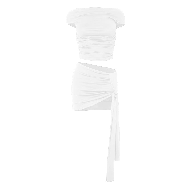 acelimosf™-Short sleeve ruched ruffle mini skirt set