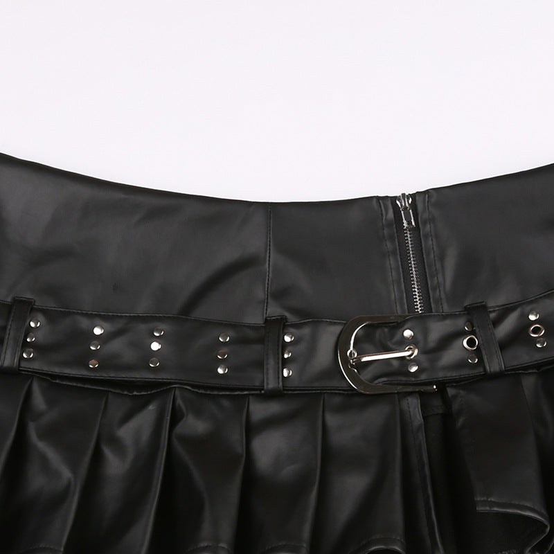 acelimosf™-Buckle zip-up pleated low rise PU leather mini skirt