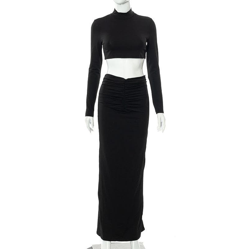 acelimosf™-High neck long sleeve ruched solid maxi skirt set y2k 90s Revival Techno Fashion