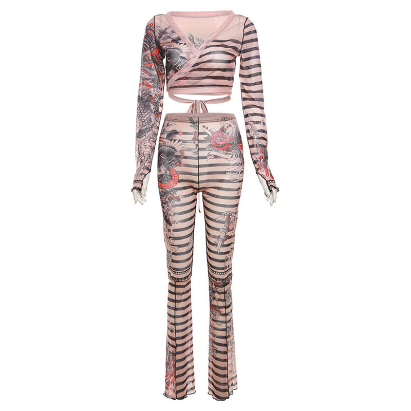 acelimosf™-Sheer mesh striped contrast long sleeve self tie pant set