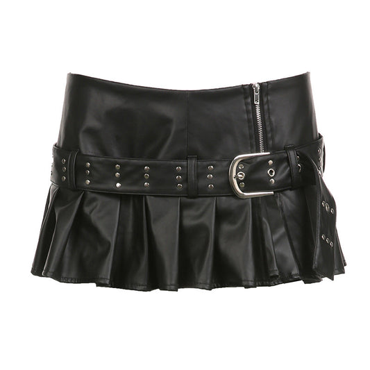 acelimosf™-Buckle zip-up pleated low rise PU leather mini skirt