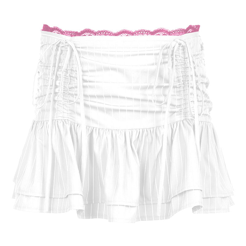 acelimosf™-Drawstring ruched lace hem striped mini skirt