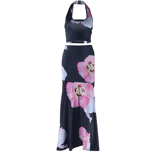 acelimosf™-Halter backless flower print midi skirt set