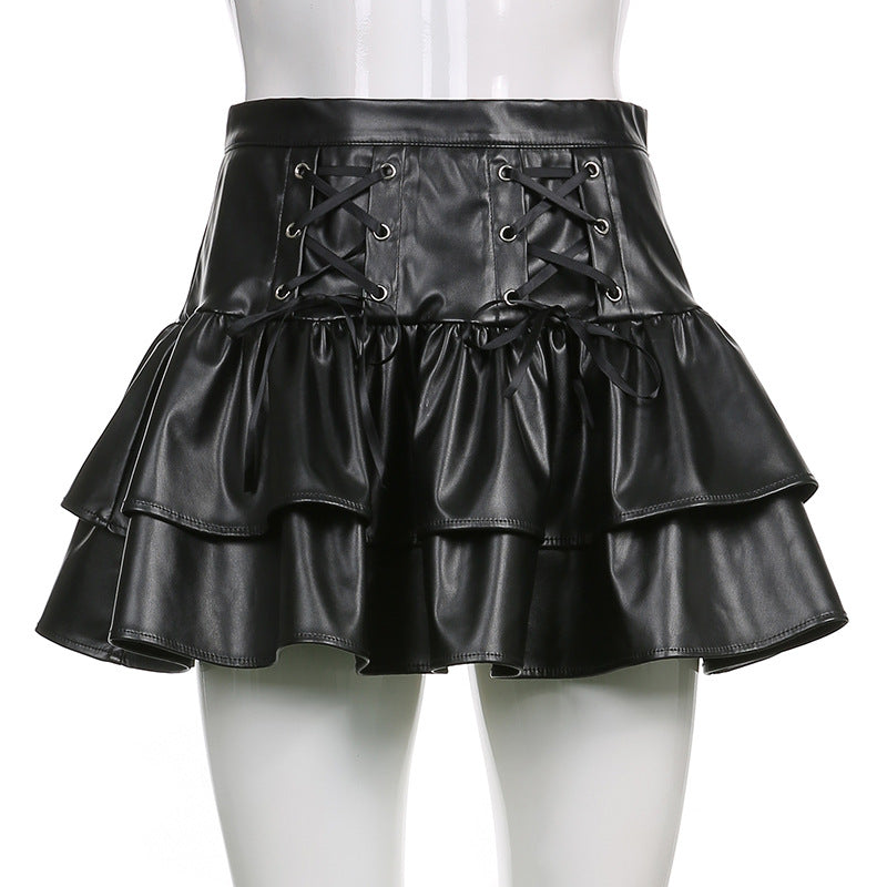 acelimosf™-Lace up PU leather ruffle zip-up A line mini skirt