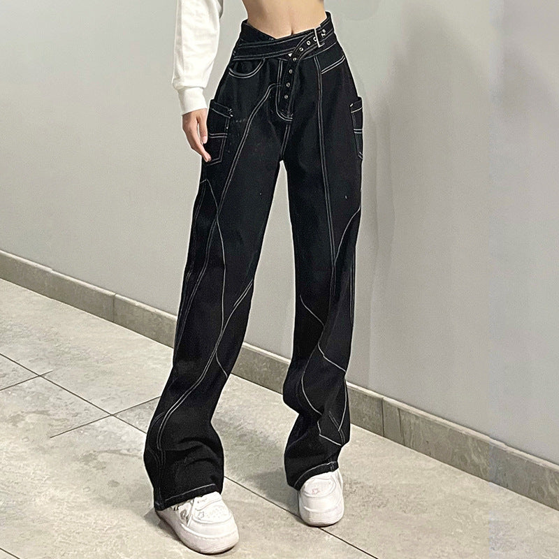 acelimosf™-Stitch belt irregular contrast low rise wide leg jeans y2k 90s Revival Techno Fashion