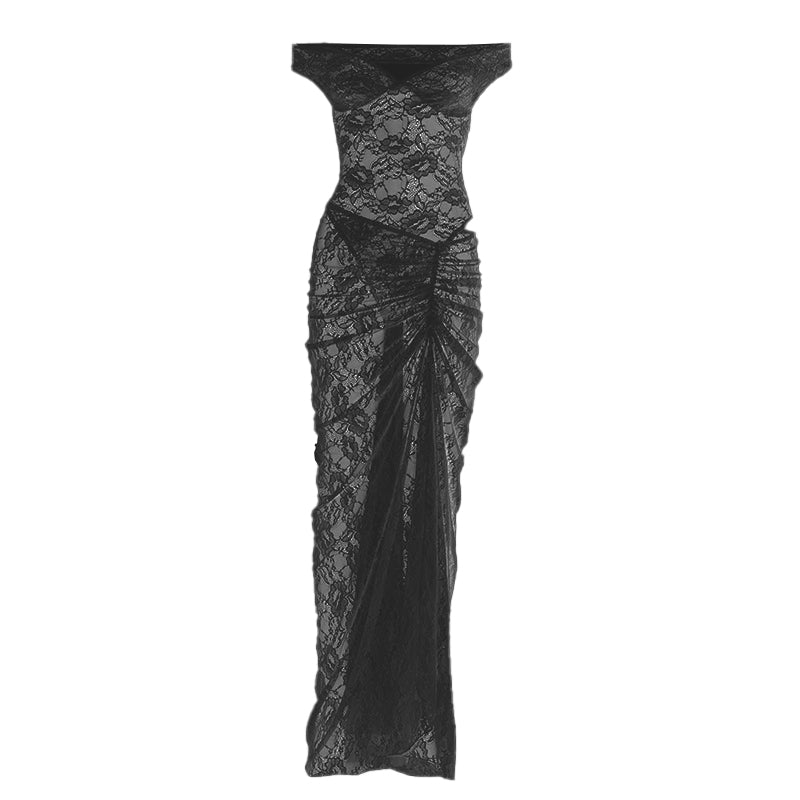 acelimosf™-Off shoulder lace ruched maxi skirt set