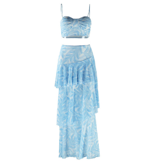 acelimosf™-Sweetheart neck ruffle mesh cami maxi skirt set