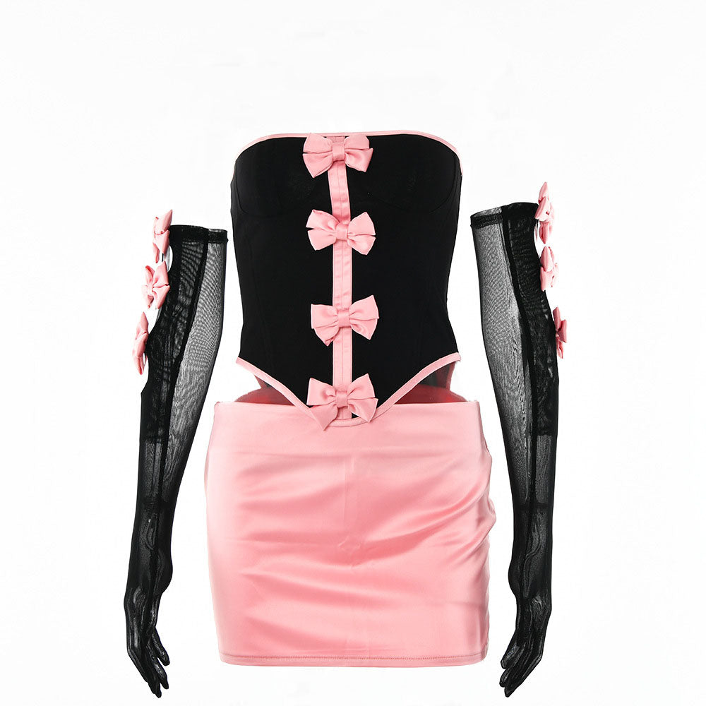 acelimosf™-Mesh contrast bowknot gloves lace up tube backless mini skirt set