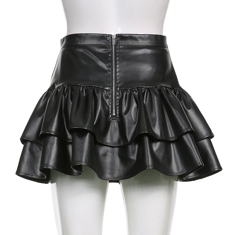 acelimosf™-Lace up PU leather ruffle zip-up A line mini skirt