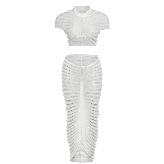 acelimosf™-Ruched textured see through short sleeve maxi skirt set