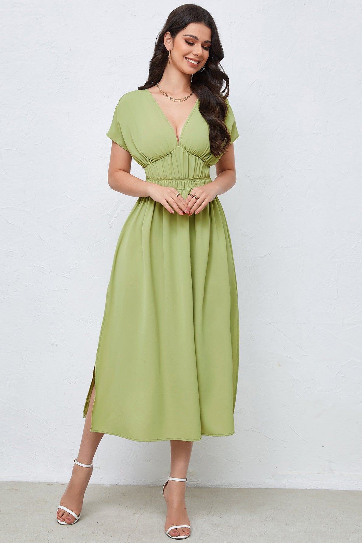 acelimosf™-V-neck dress backless high waist solid color dress