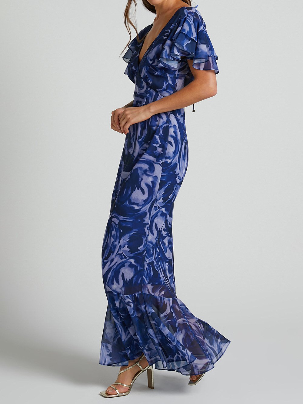 acelimosf™-Navy Swirl V-Neck Flutter Sleeve Maxi Dress