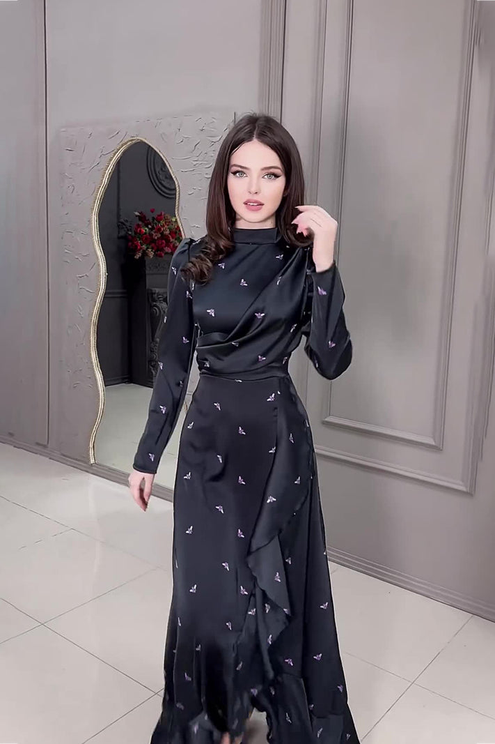 acelimosf™-Printed ruffled hem slim-fit long-sleeved dress