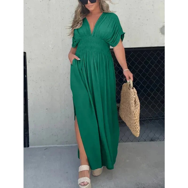 acelimosf™-  SLIT V-NECK EFFORTLESS MAXI LONG DRESS