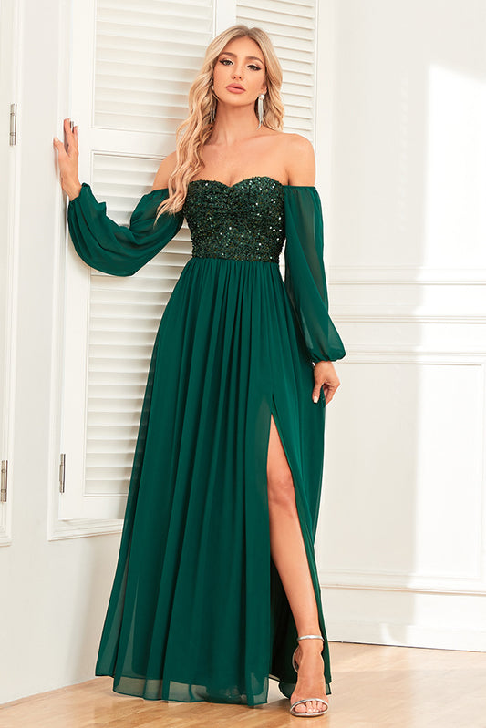 acelimosf™-One-shoulder high slit sequined chiffon long-sleeved dress