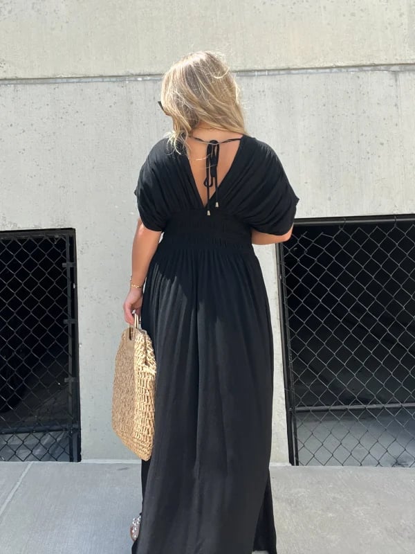 acelimosf™-  SLIT V-NECK EFFORTLESS MAXI LONG DRESS