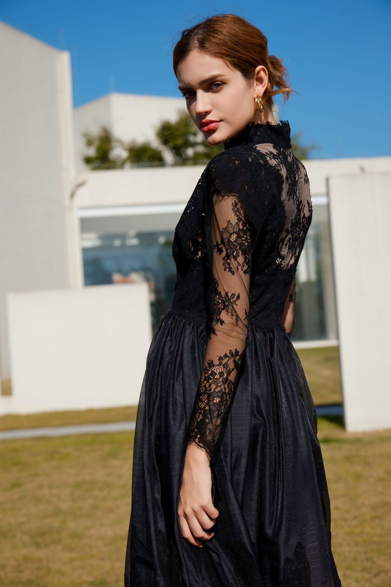 acelimosf™-Long-sleeved lace mid-neck patchwork evening gown