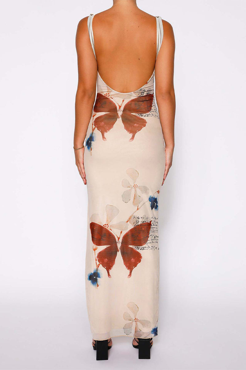 acelimosf™-Sexy Print Butterfly Flowers Slit V Neck One Step Skirt Dresses