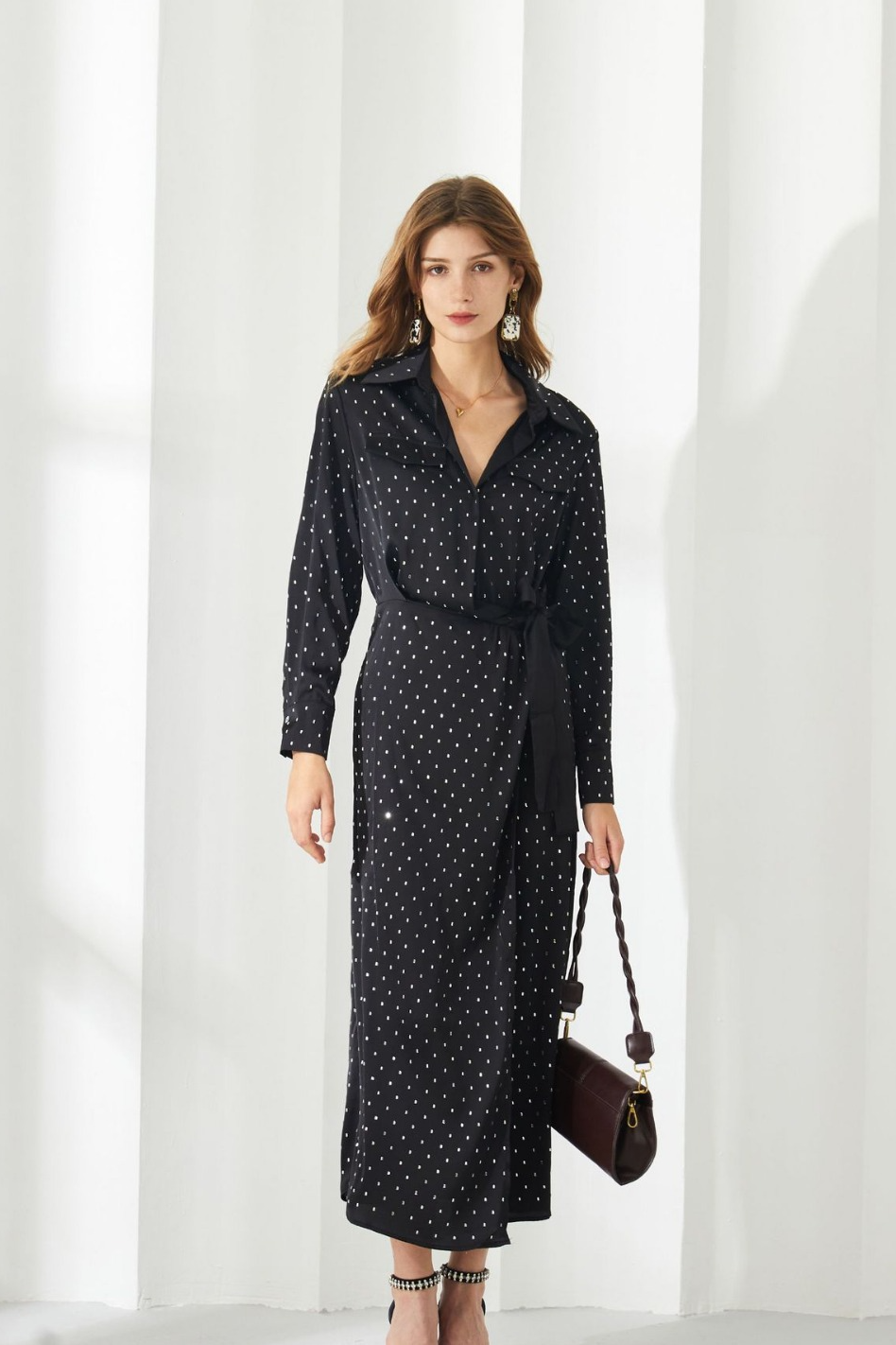 acelimosf™-Polka dot long sleeve thin bow dress