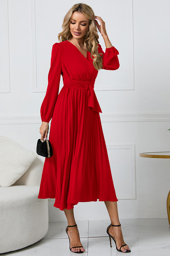 acelimosf™-Slim fit pleated belted V-neck dress