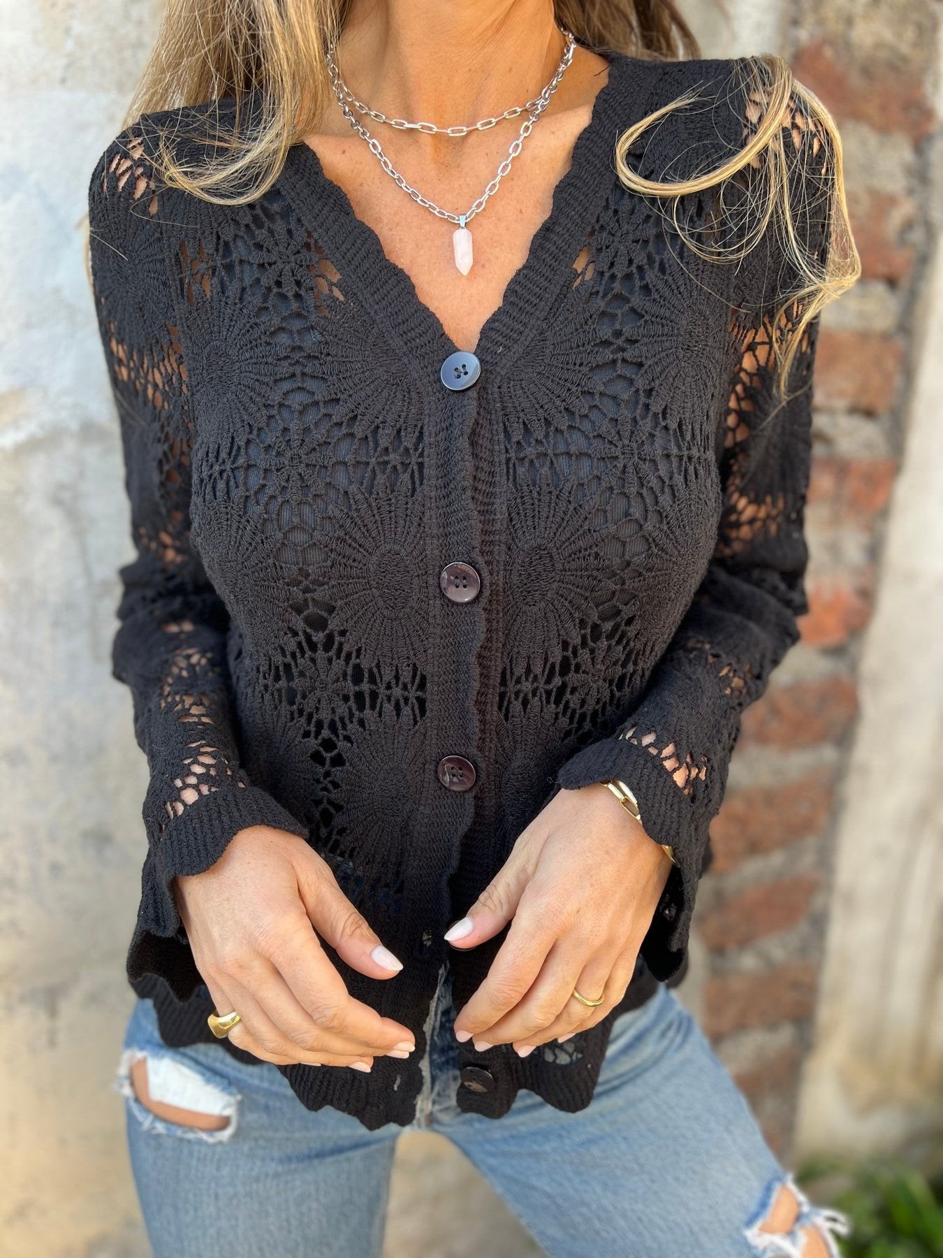 🏆Flash Sale⚡ 50K+ SOLD! Almost Gone-💥Cutout Embroidered V-Neck Button Long Sleeve Top,Best gifts