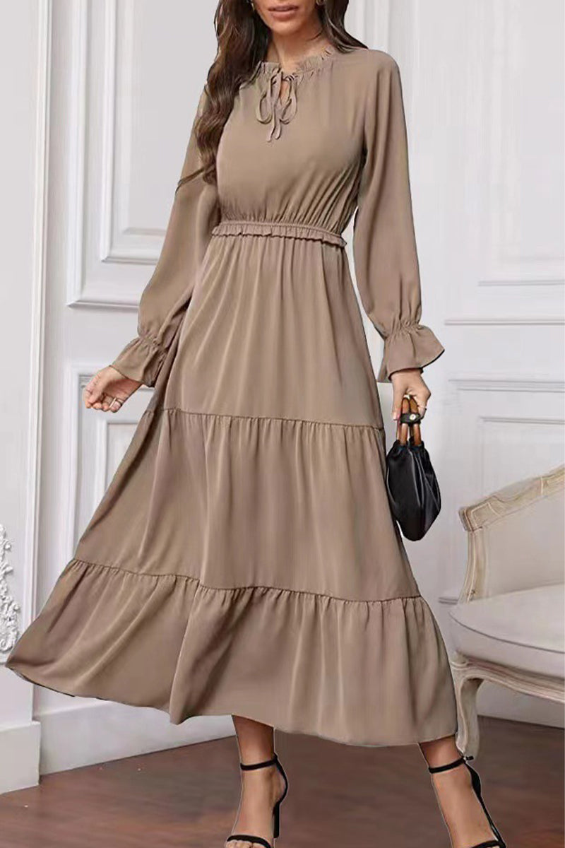 acelimosf™-Fashion Elegant Solid Frenulum Lotus Leaf Collar Long Dress Dresses